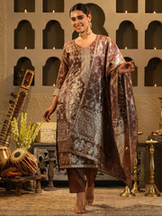 Brown Woven Design Straight Kurta Trousers With Dupatta Set