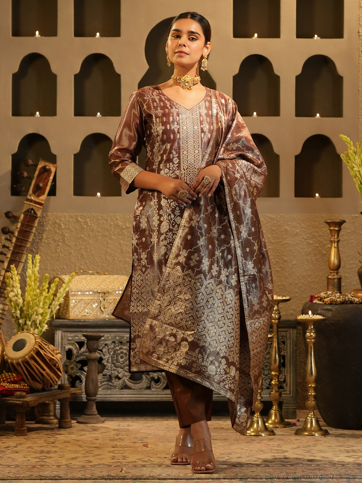 Brown Woven Design Straight Kurta Trousers With Dupatta Set