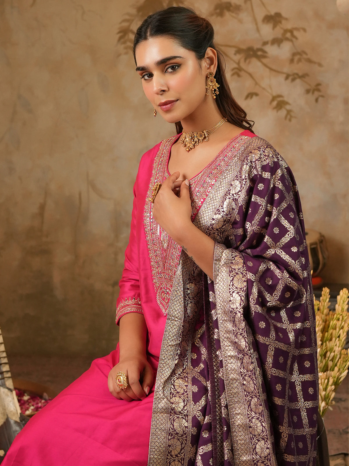 Pink Embroidered Straight Kurta Trousers With Dupatta Set