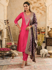 Pink Embroidered Straight Kurta Trousers With Dupatta Set