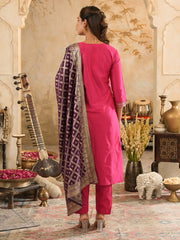 Pink Embroidered Straight Kurta Trousers With Dupatta Set