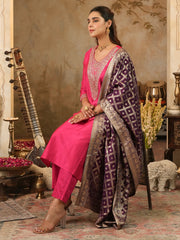Pink Embroidered Straight Kurta Trousers With Dupatta Set