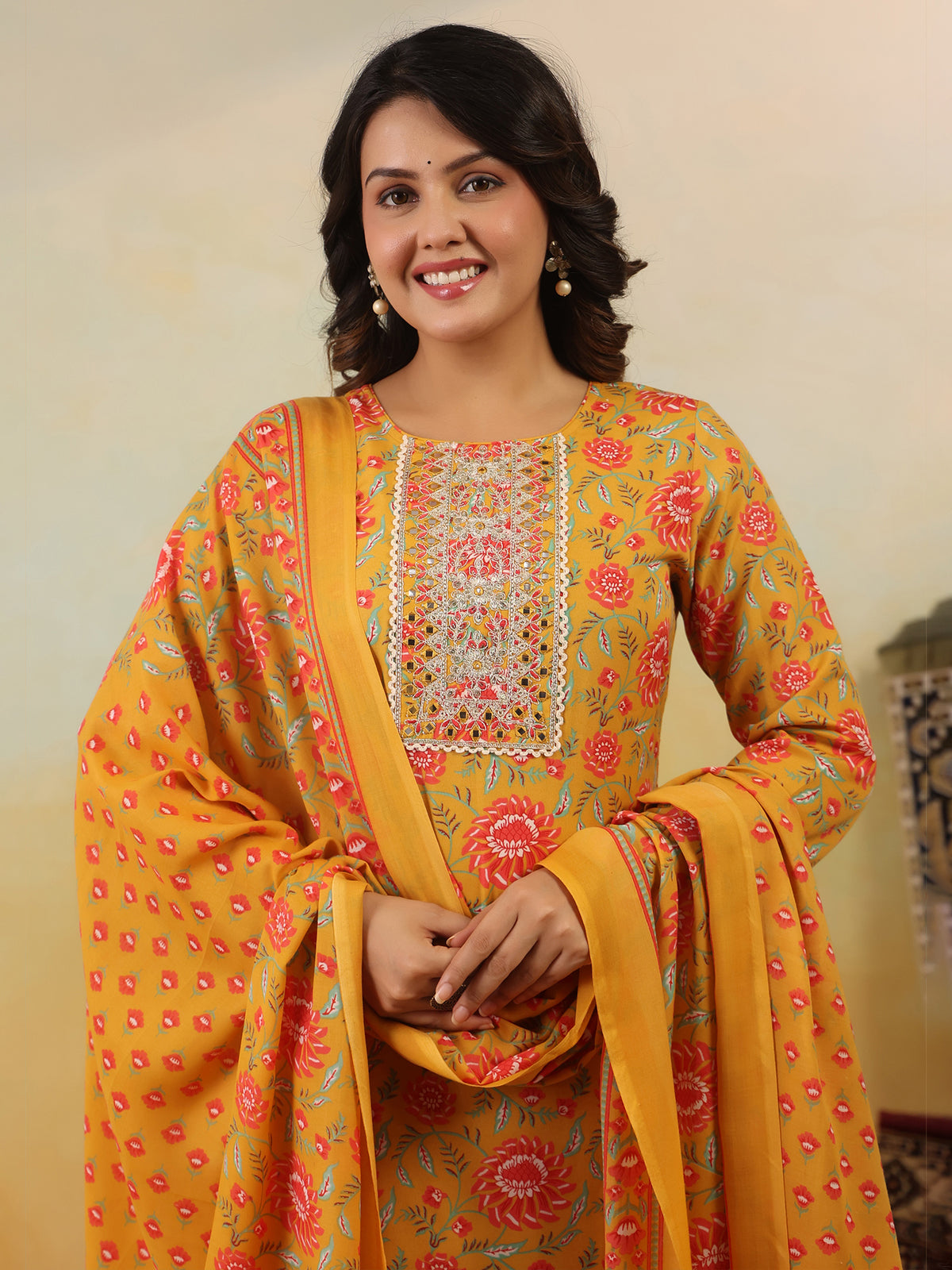 Yellow Embroidered Straight Kurta Trousers With Dupatta Set