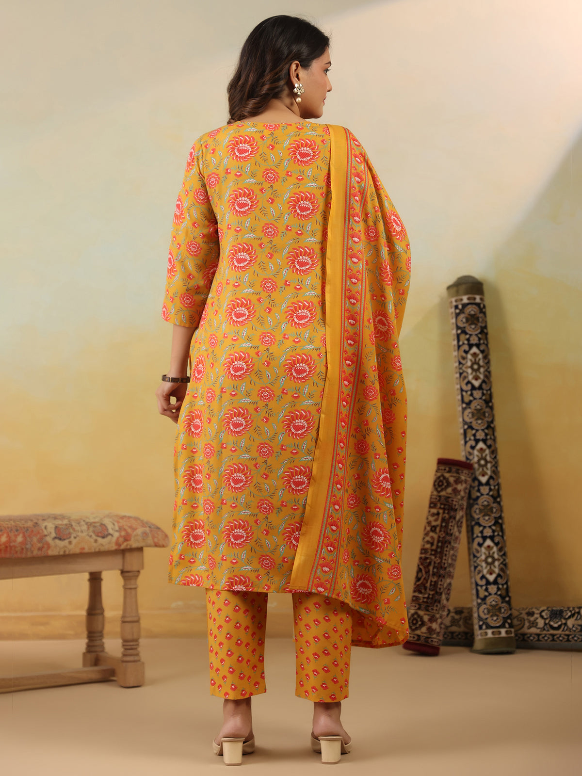 Yellow Embroidered Straight Kurta Trousers With Dupatta Set