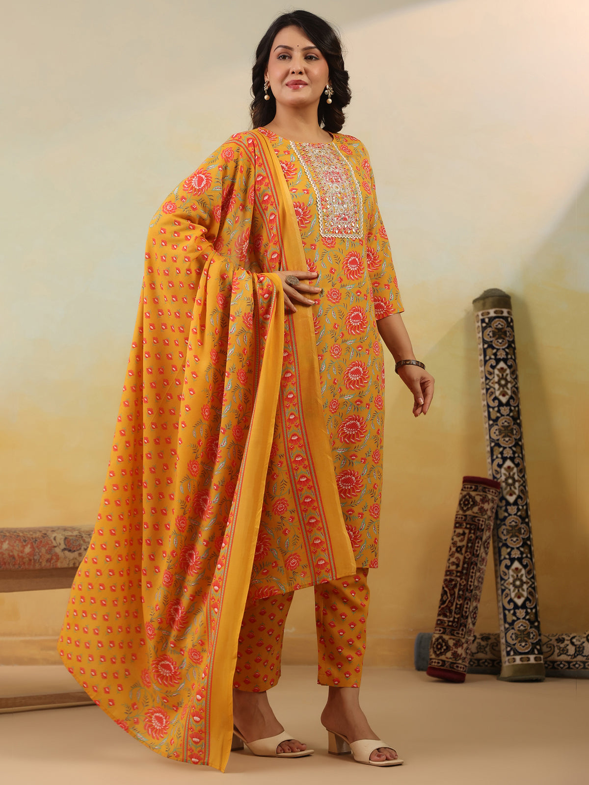 Yellow Embroidered Straight Kurta Trousers With Dupatta Set