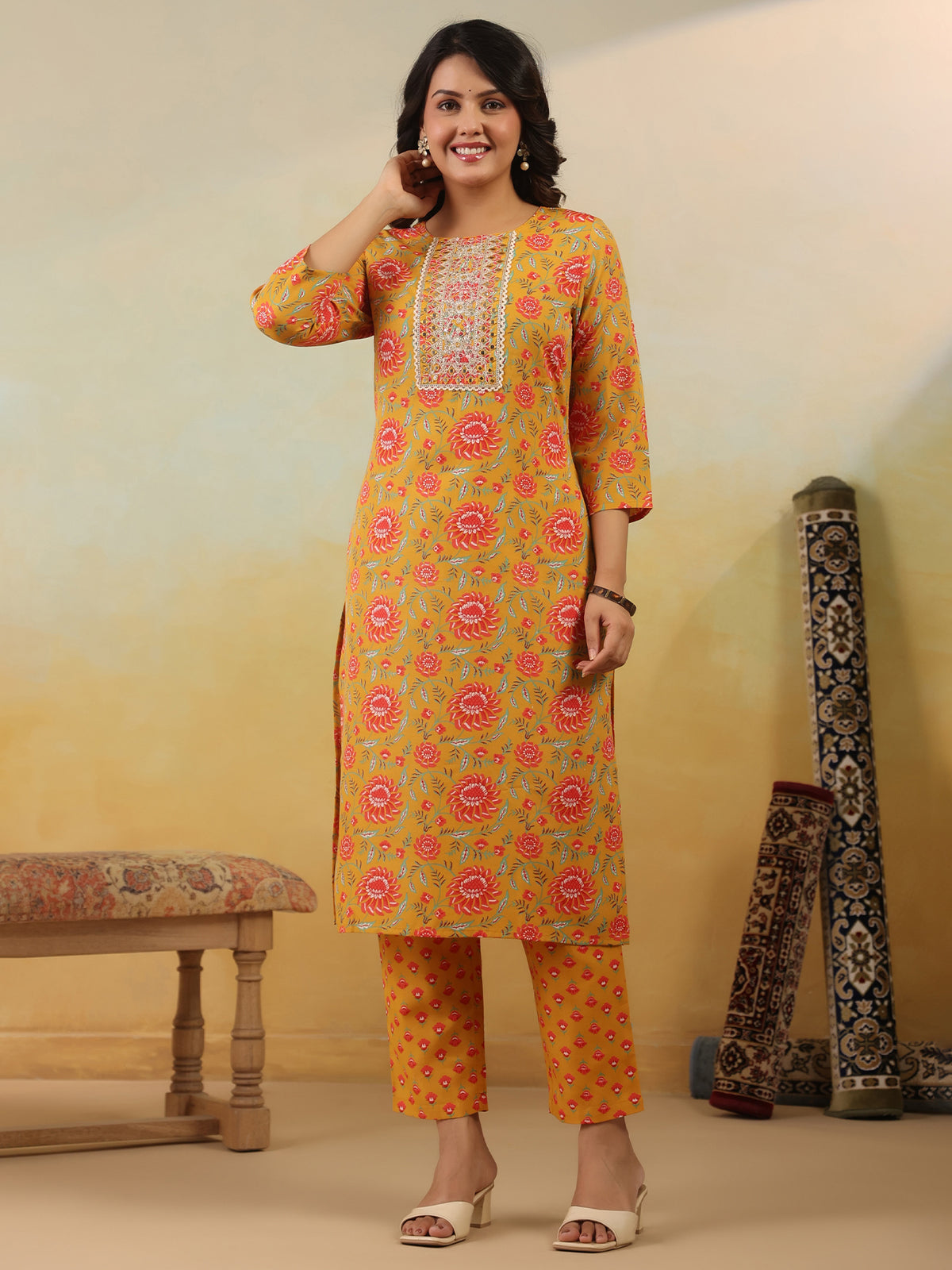 Yellow Embroidered Straight Kurta Trousers With Dupatta Set