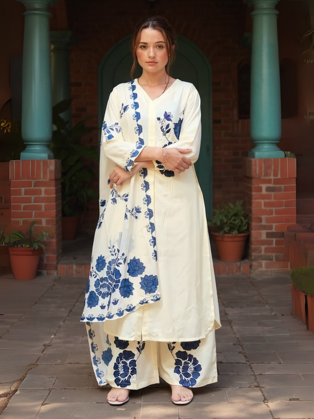 Off White Printed Straight Kurta Palazzos With Dupatta Set
