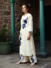 Off White Printed Straight Kurta Palazzos With Dupatta Set