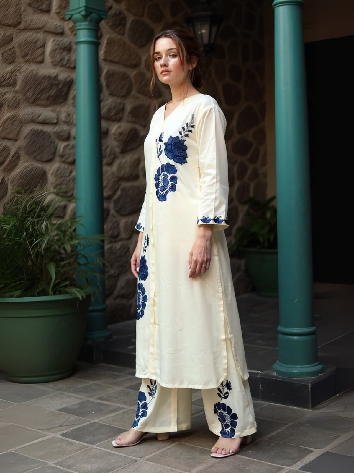 Off White Printed Straight Kurta Palazzos With Dupatta Set