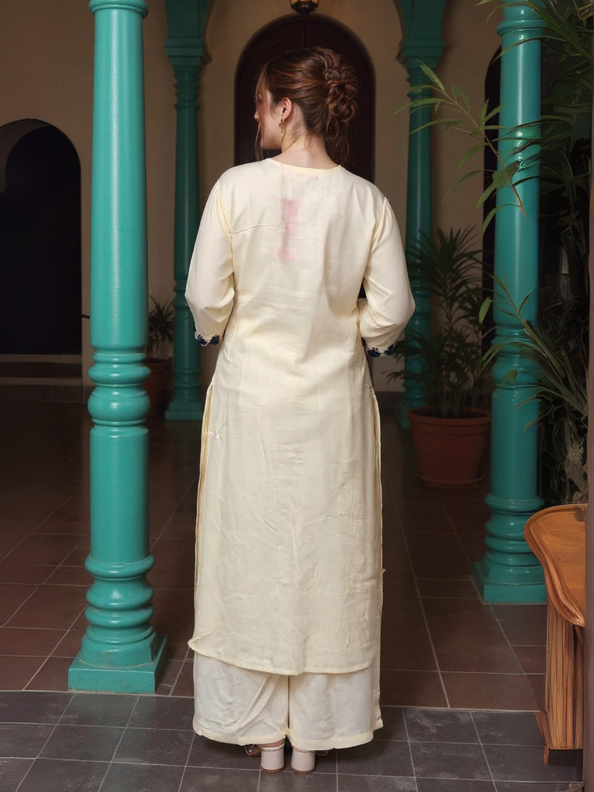 Off White Printed Straight Kurta Palazzos With Dupatta Set