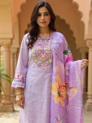 Purple Embroidered A-Line Kurta Trousers With Dupatta Set