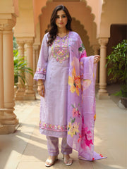 Purple Embroidered A-Line Kurta Trousers With Dupatta Set