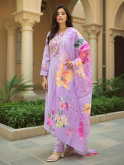 Purple Embroidered A-Line Kurta Trousers With Dupatta Set
