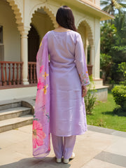Purple Embroidered A-Line Kurta Trousers With Dupatta Set