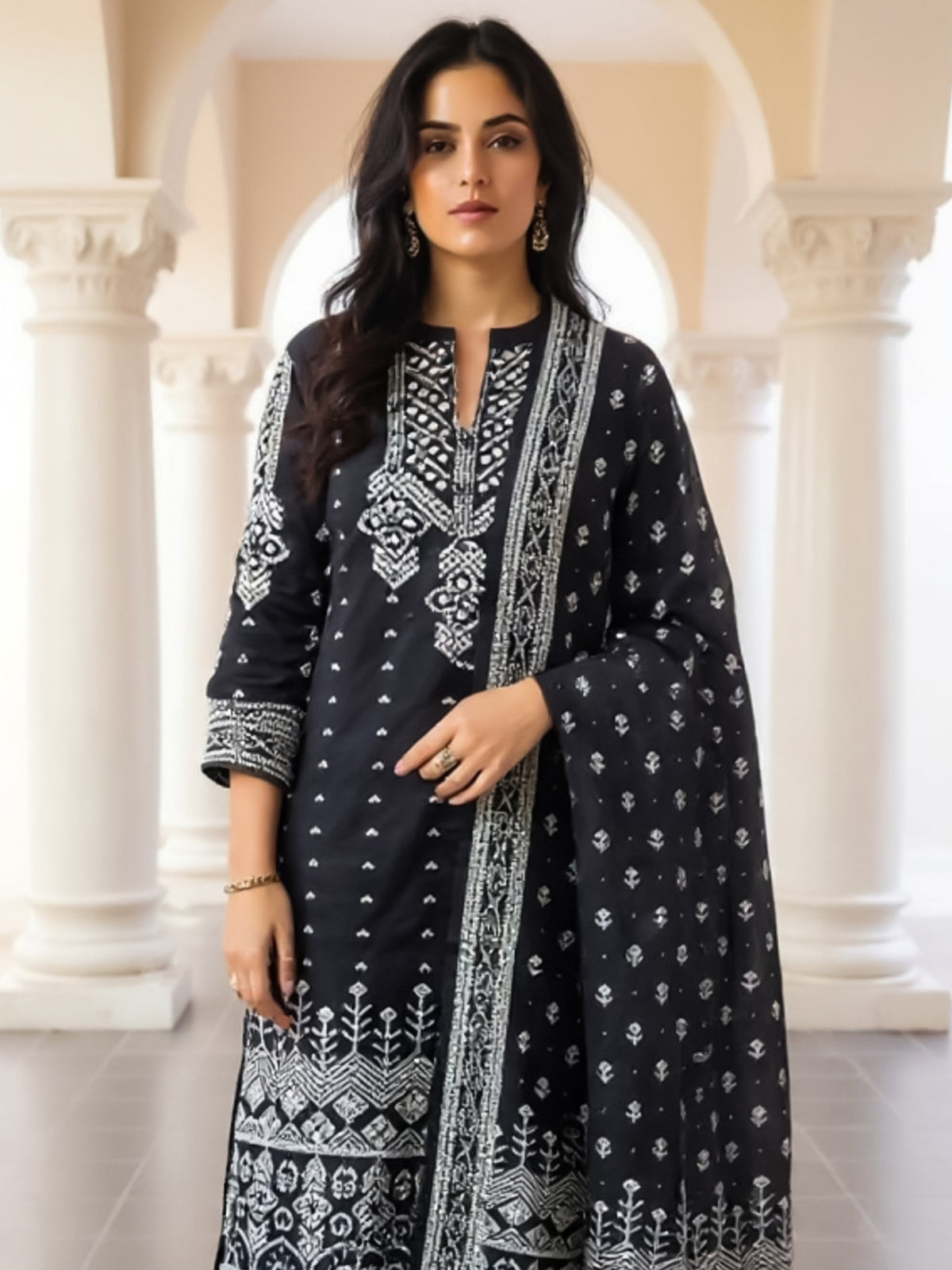 Black Printed Straight Kurta Trousers With Dupatta Set
