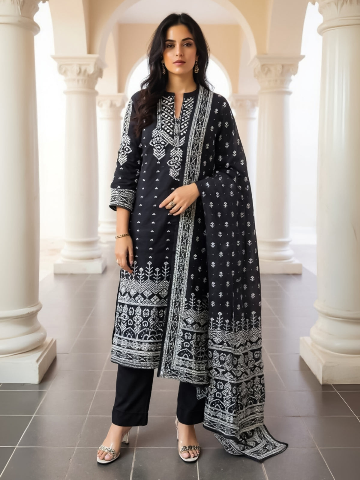 Black Printed Straight Kurta Trousers With Dupatta Set