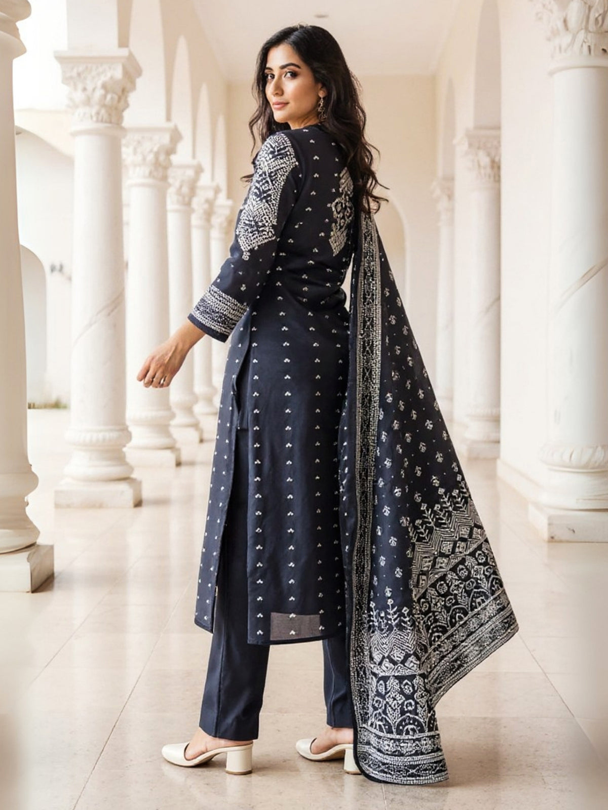 Black Printed Straight Kurta Trousers With Dupatta Set