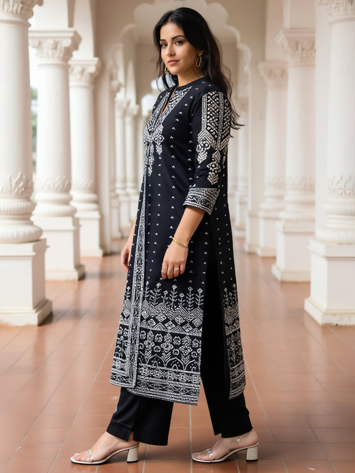Black Printed Straight Kurta Trousers With Dupatta Set