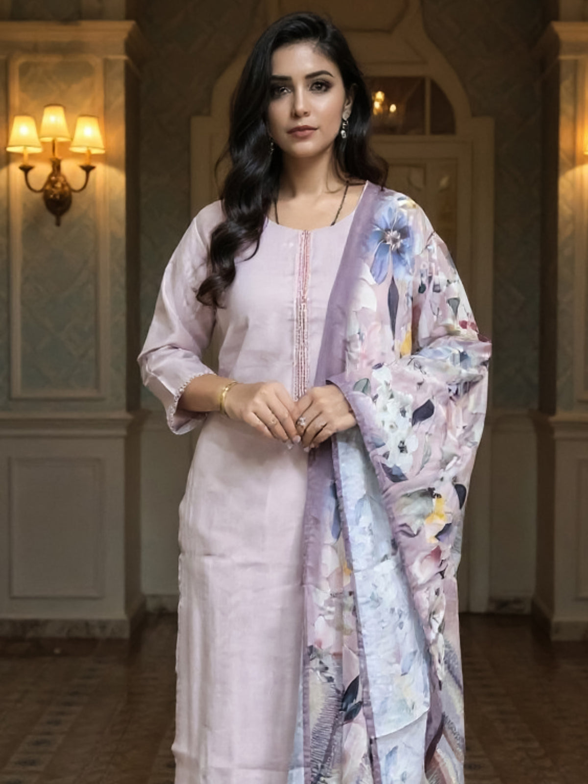 Lavender Embroidered Straight Kurta Trousers With Dupatta Set
