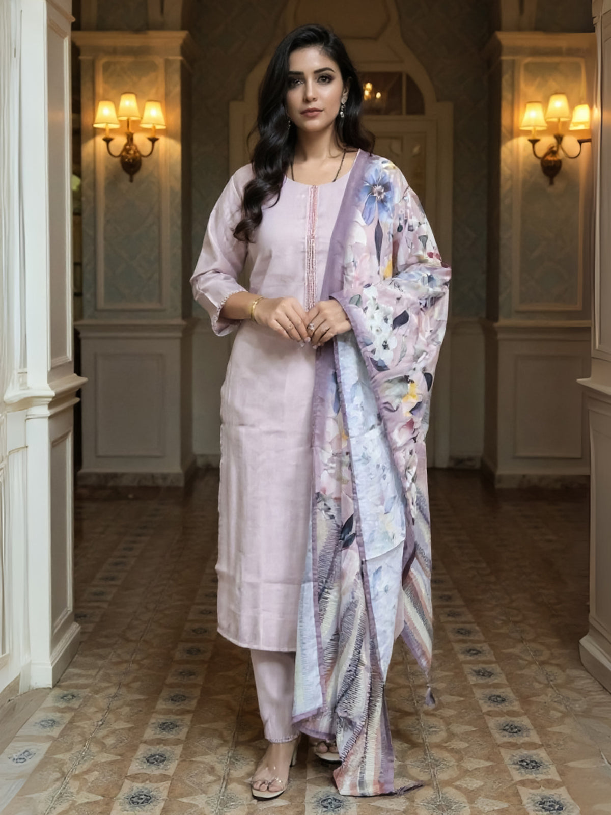Lavender Embroidered Straight Kurta Trousers With Dupatta Set