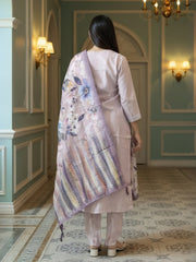 Lavender Embroidered Straight Kurta Trousers With Dupatta Set
