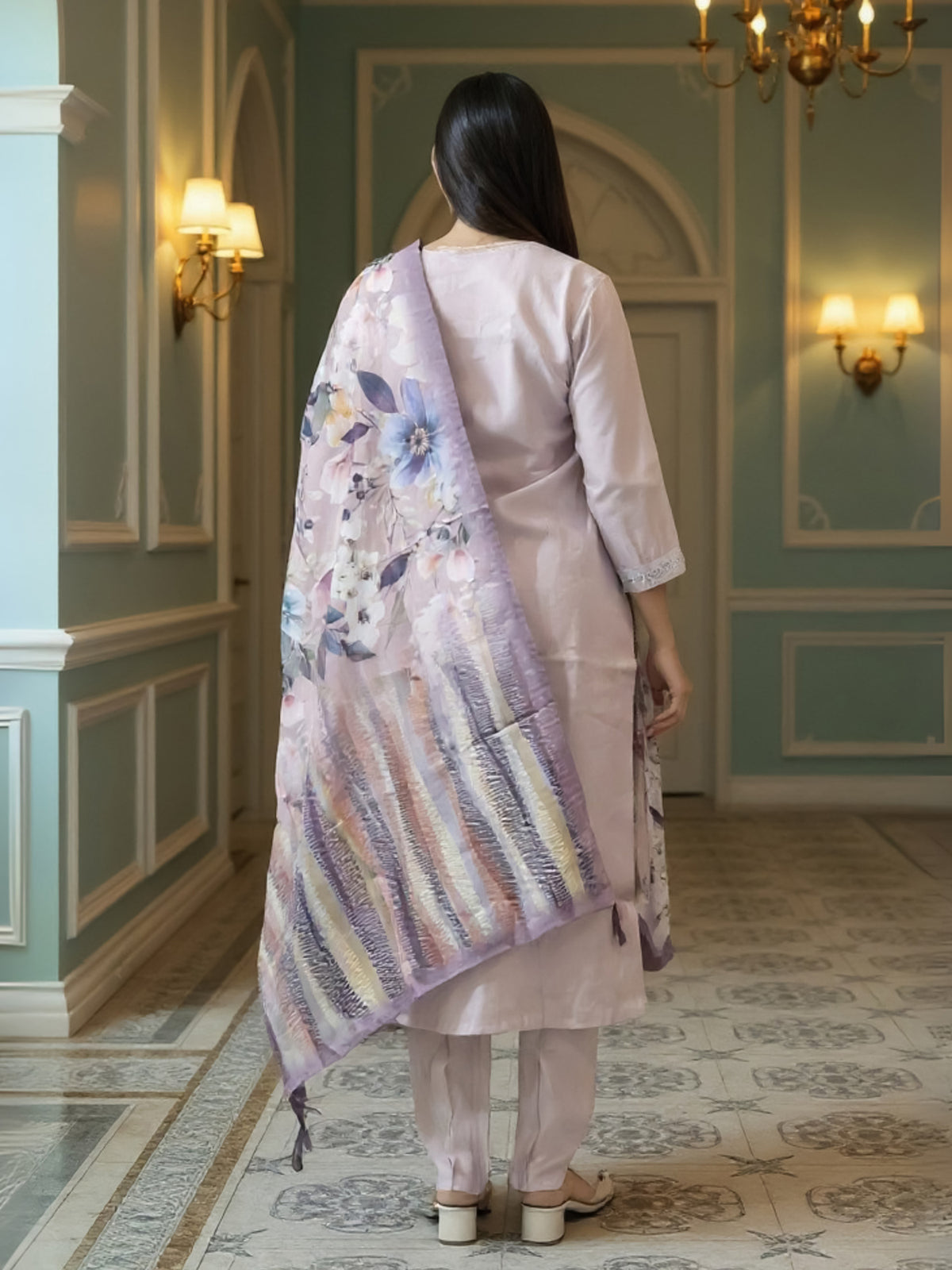 Lavender Embroidered Straight Kurta Trousers With Dupatta Set