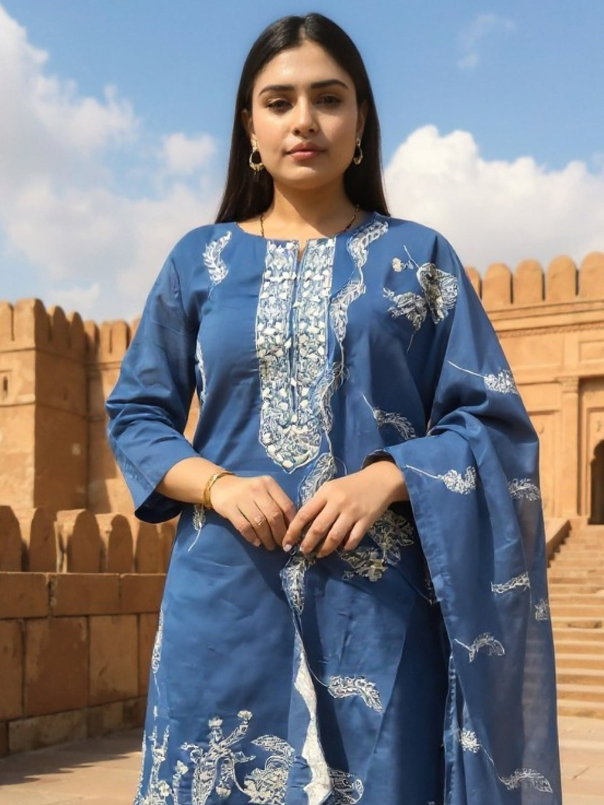 Blue Embroidered Straight Kurta Trousers With Dupatta Set