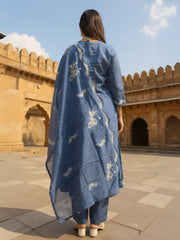 Blue Embroidered Straight Kurta Trousers With Dupatta Set