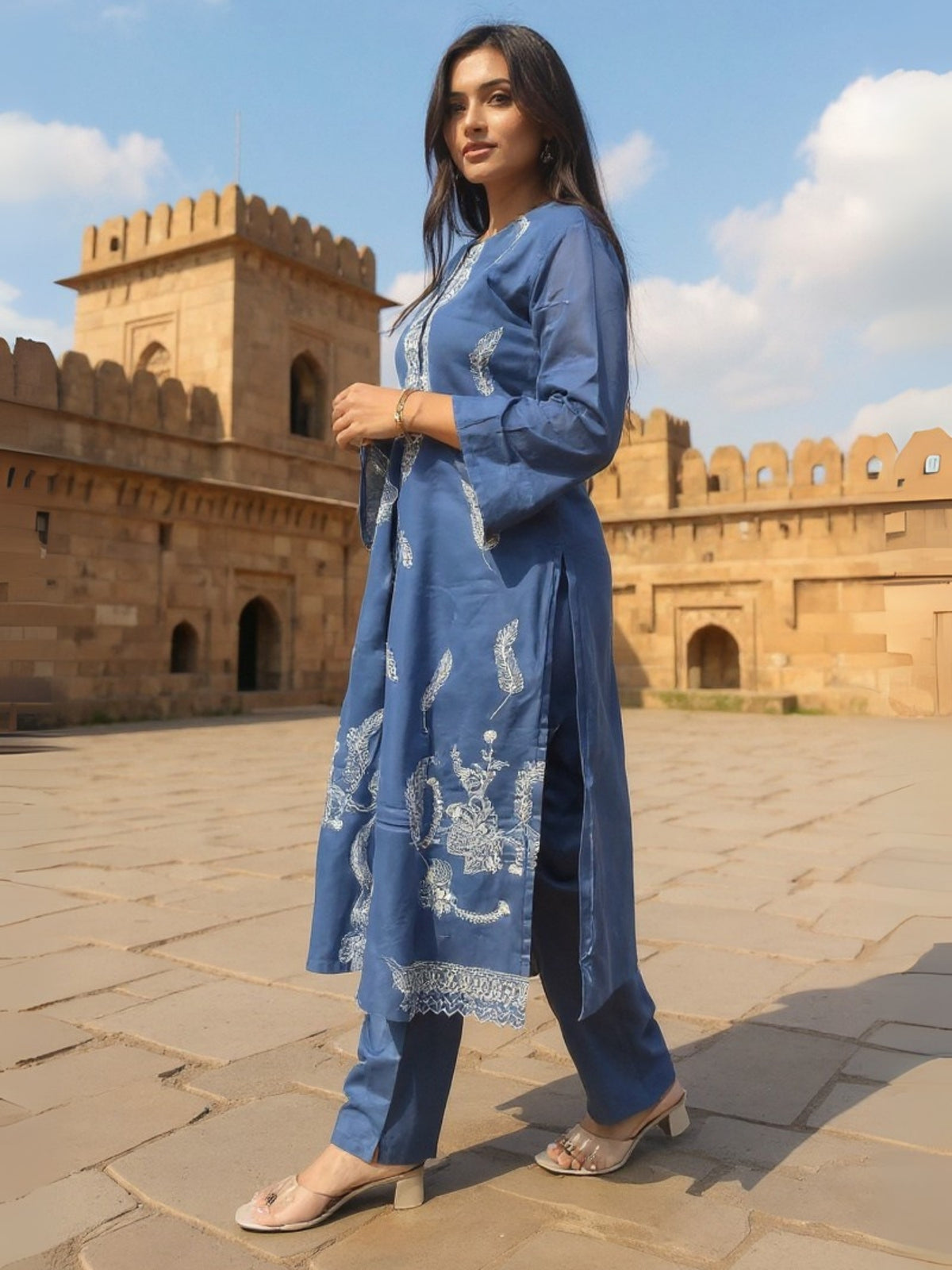 Blue Embroidered Straight Kurta Trousers With Dupatta Set
