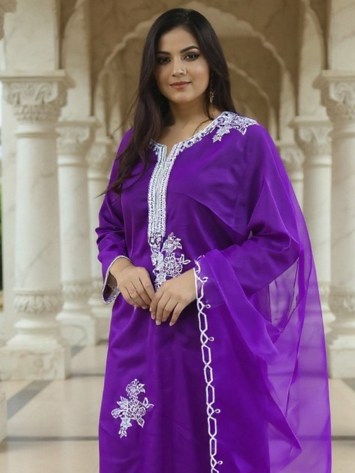 Purple Embroidered Straight Kurta Trousers With Dupatta Set