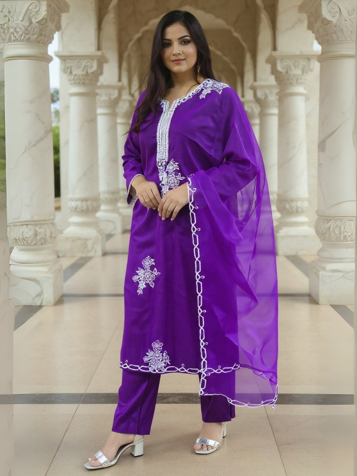 Purple Embroidered Straight Kurta Trousers With Dupatta Set