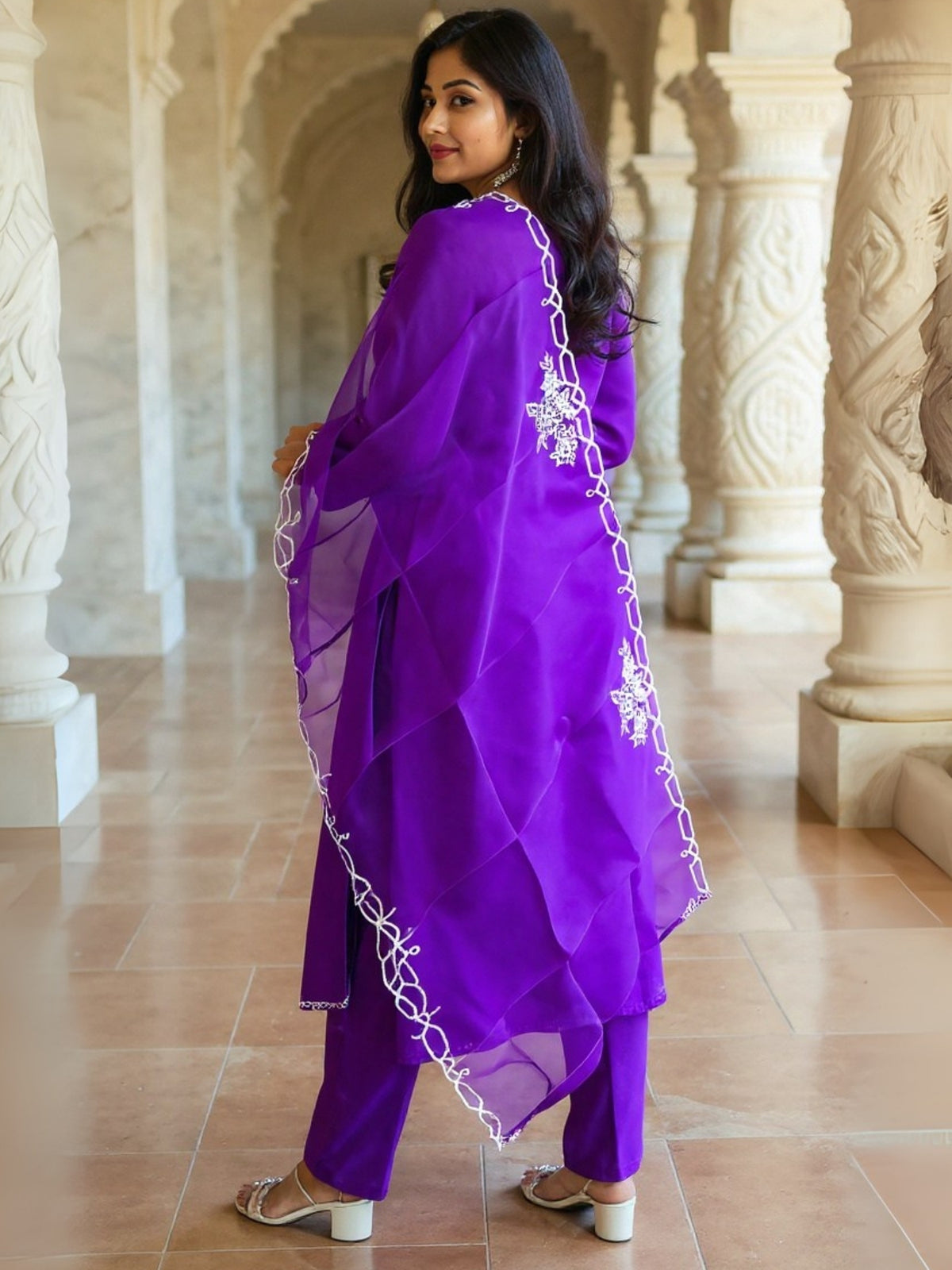 Purple Embroidered Straight Kurta Trousers With Dupatta Set