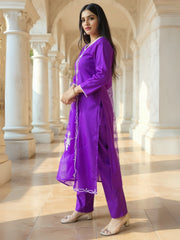 Purple Embroidered Straight Kurta Trousers With Dupatta Set