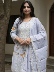 Blue Embroidered Straight Kurta Trousers With Dupatta Set