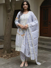 Blue Embroidered Straight Kurta Trousers With Dupatta Set
