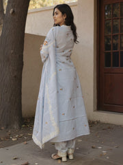Blue Embroidered Straight Kurta Trousers With Dupatta Set