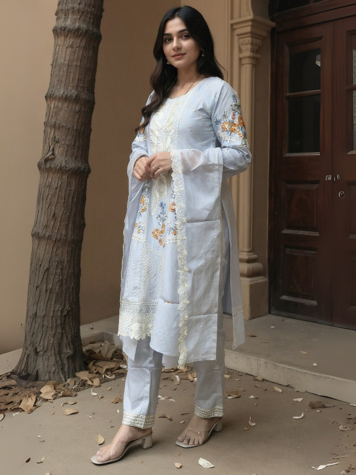 Blue Embroidered Straight Kurta Trousers With Dupatta Set