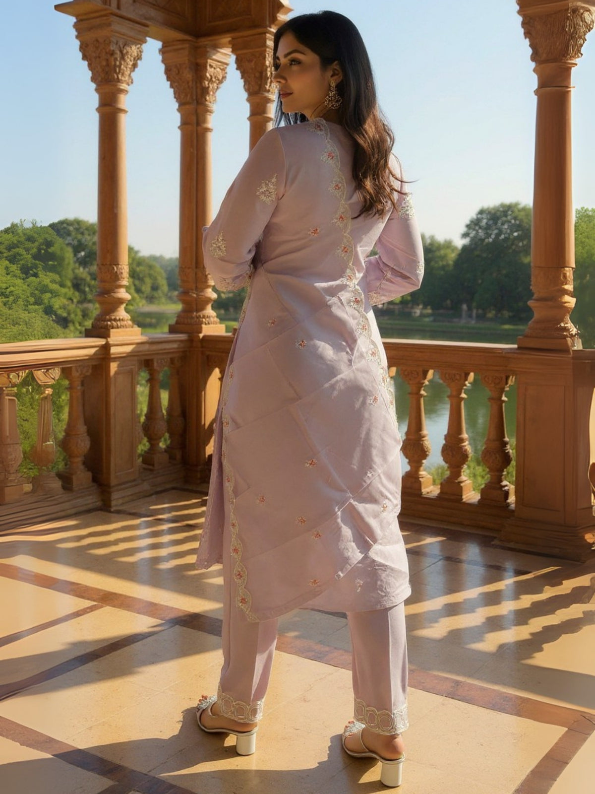 Lavender Embroidered Straight Kurta Trousers With Dupatta Set