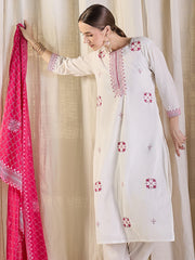 White Embroidered Straight Kurta Trousers With Dupatta Set