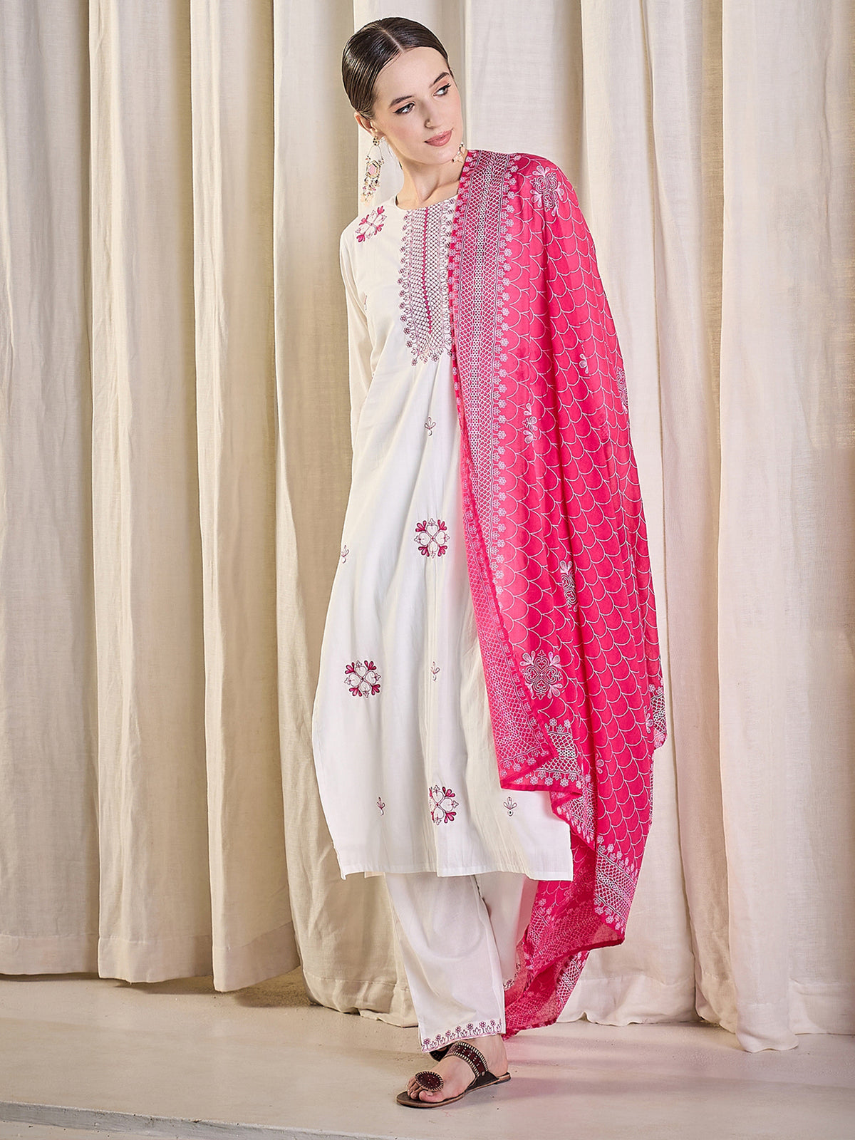 White Embroidered Straight Kurta Trousers With Dupatta Set