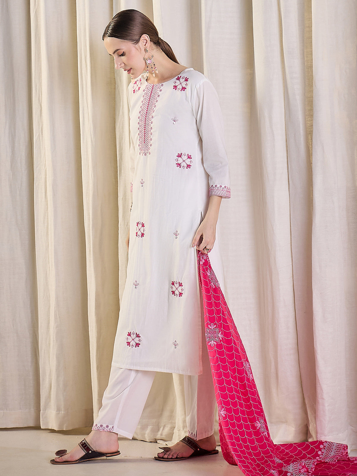 White Embroidered Straight Kurta Trousers With Dupatta Set
