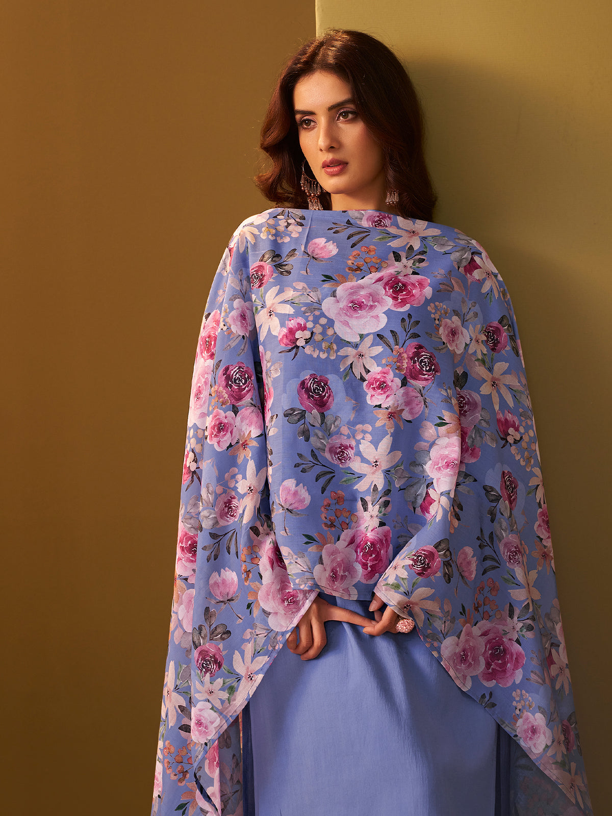Blue Yoke Design Straight Kurta Trousers With Dupatta Set