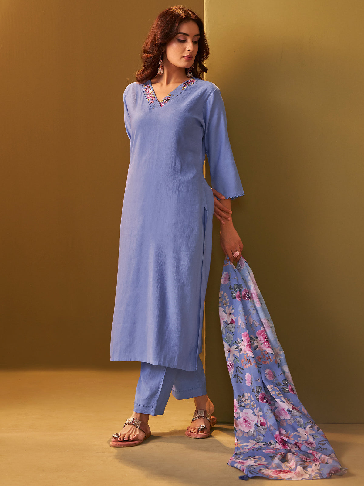 Blue Yoke Design Straight Kurta Trousers With Dupatta Set