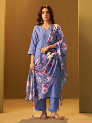 Blue Yoke Design Straight Kurta Trousers With Dupatta Set