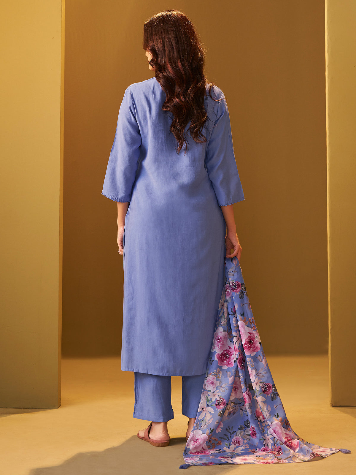 Blue Yoke Design Straight Kurta Trousers With Dupatta Set