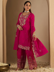 Pink Embroidered Straight Kurta Palazzos With Dupatta Set