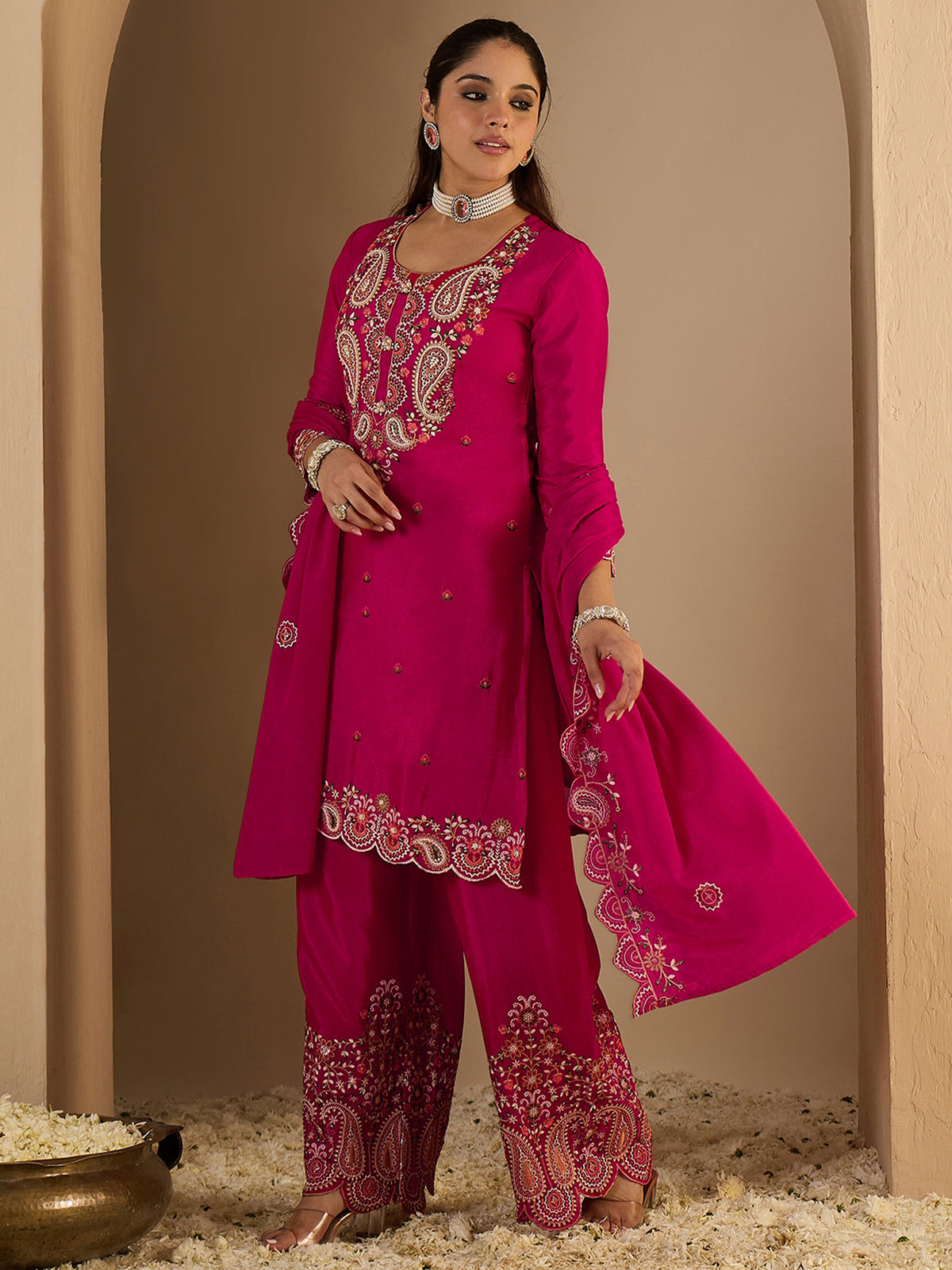 Pink Embroidered Straight Kurta Palazzos With Dupatta Set