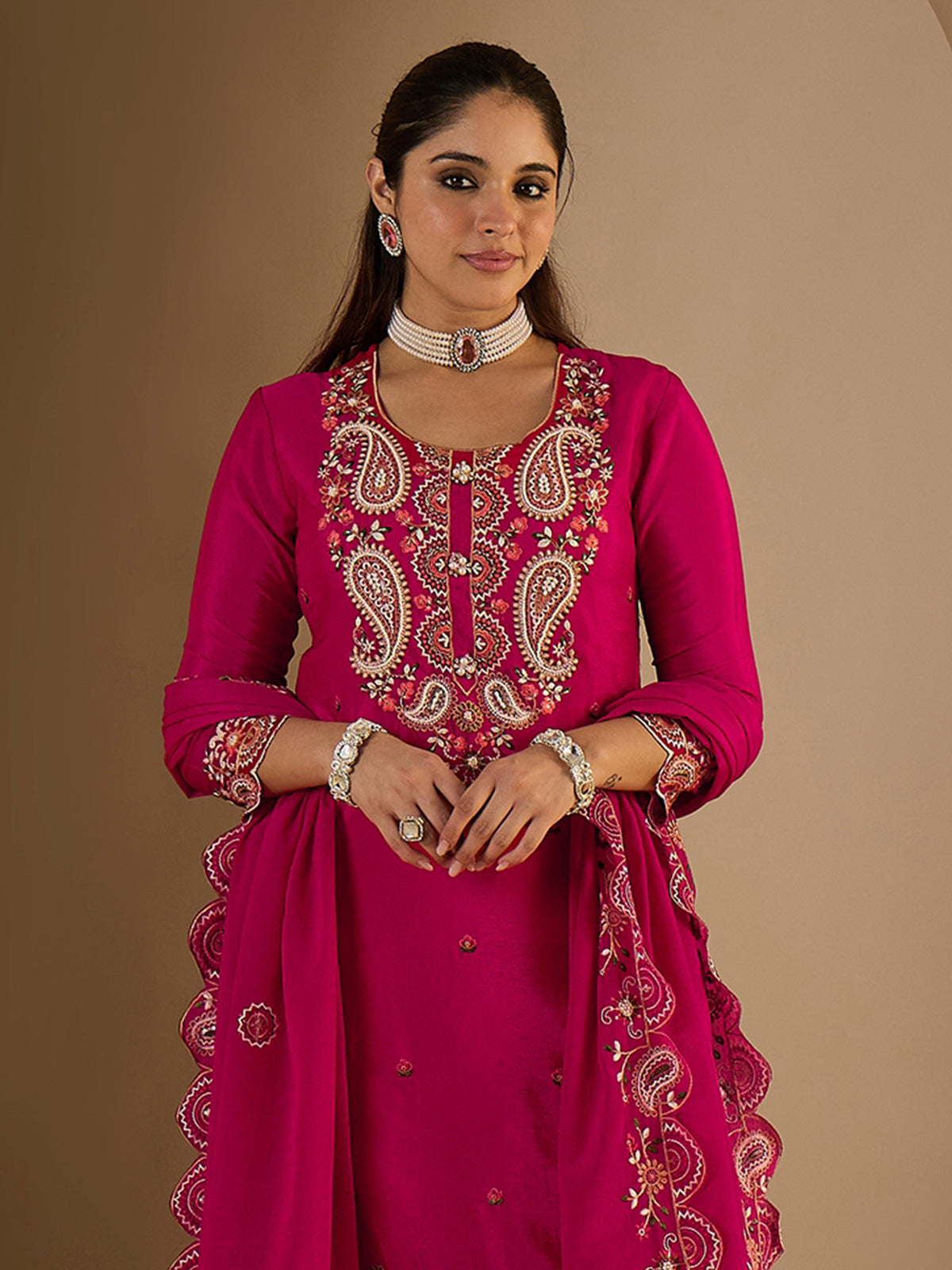 Pink Embroidered Straight Kurta Palazzos With Dupatta Set