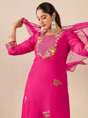 Pink Embroidered Straight Kurta Trousers With Dupatta Set