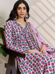 Pink Printed A-Line Kurta Trousers With Dupatta Set